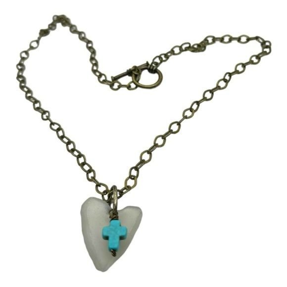 Artisan Light Green Sea Glass Concave Heart Pendant with Turquoise Cross Charm - Picture 3 of 12